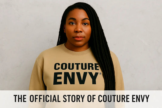 Black woman in tan “COUTURE ENVY®” sweatshirt — founder of inclusive fashion brand Couture Envy.