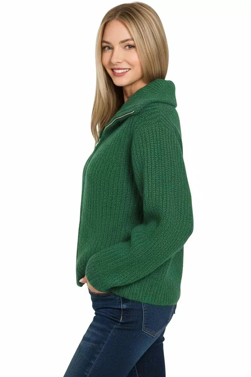 Side view Zenana High Neck Full Zip Sweater Cardigan in Dark Green