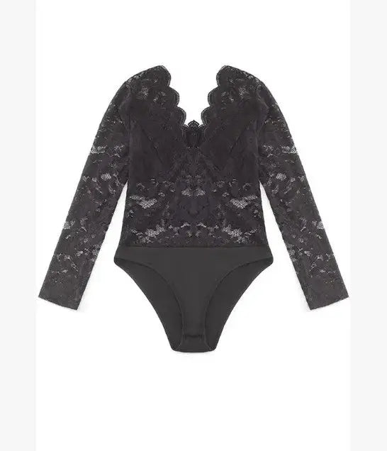Lace bodysuit front view sheer mesh - flat lay