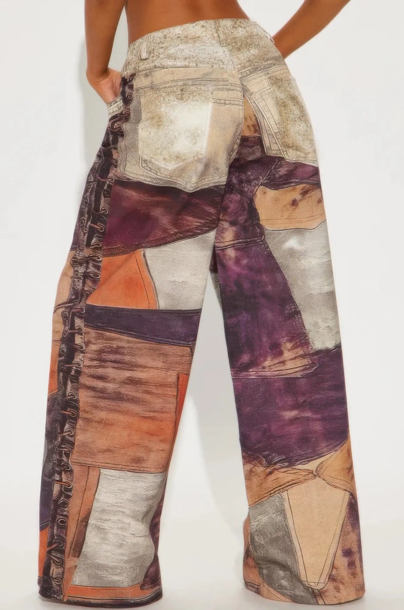 Back view of abstract wide-leg pants with elastic high waist.