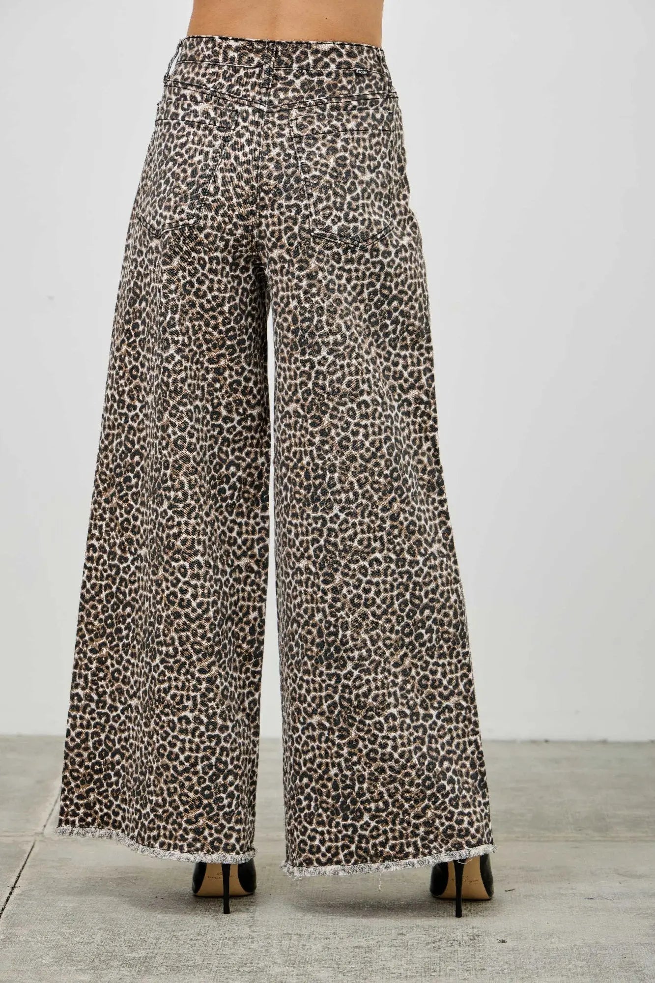 Wide leg stretch denim leopard jeans back view