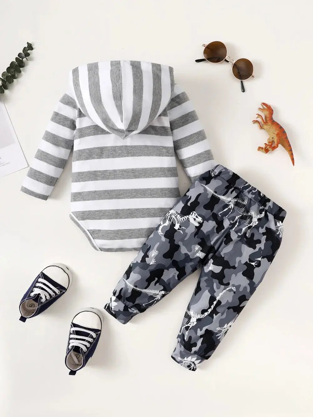 Children's Striped Hooded Bodysuit and Camouflage Pants Set on white background - Couture Envy