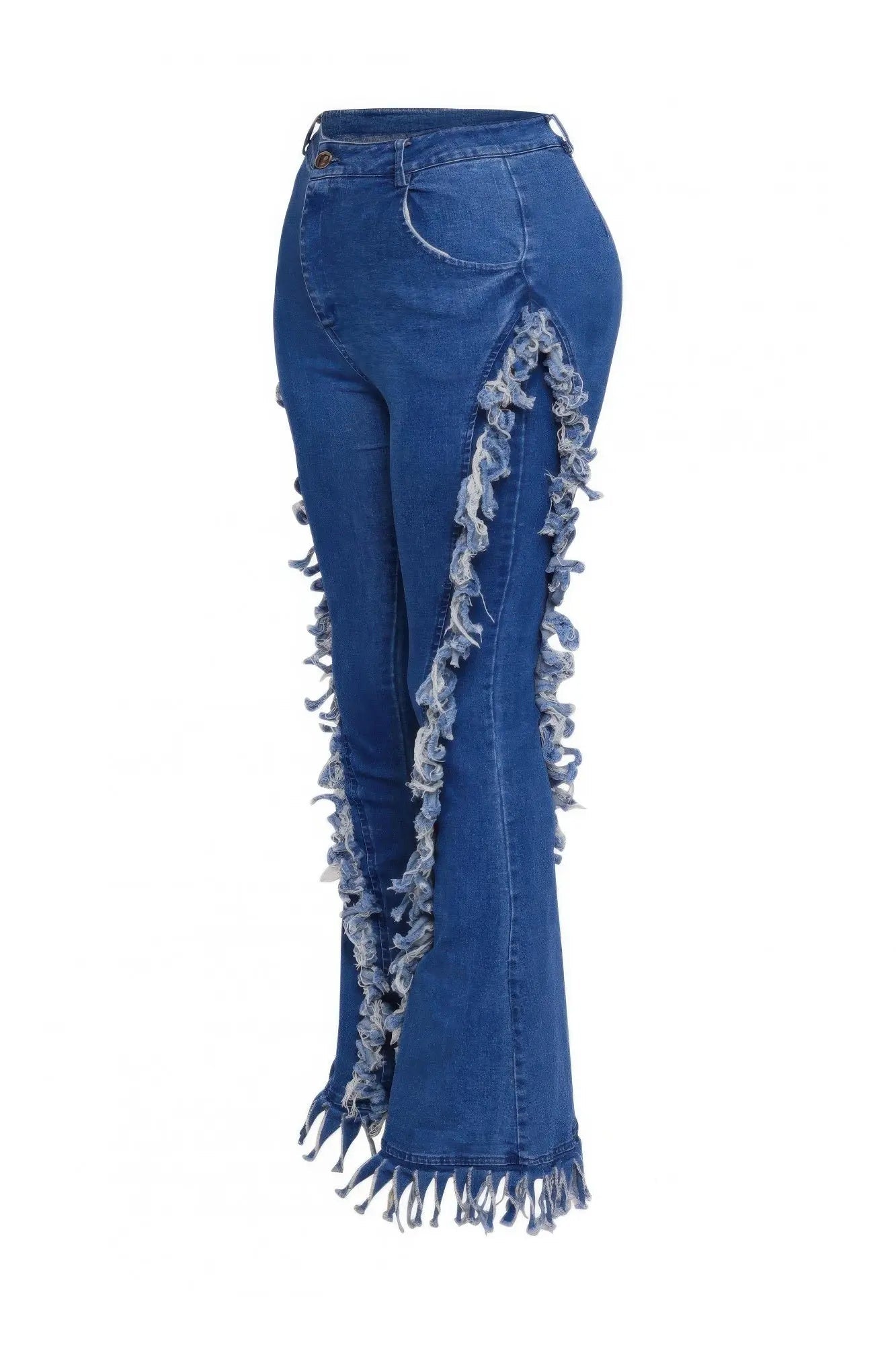 Distressed Fringe Denim Flared Pant - Couture Envy