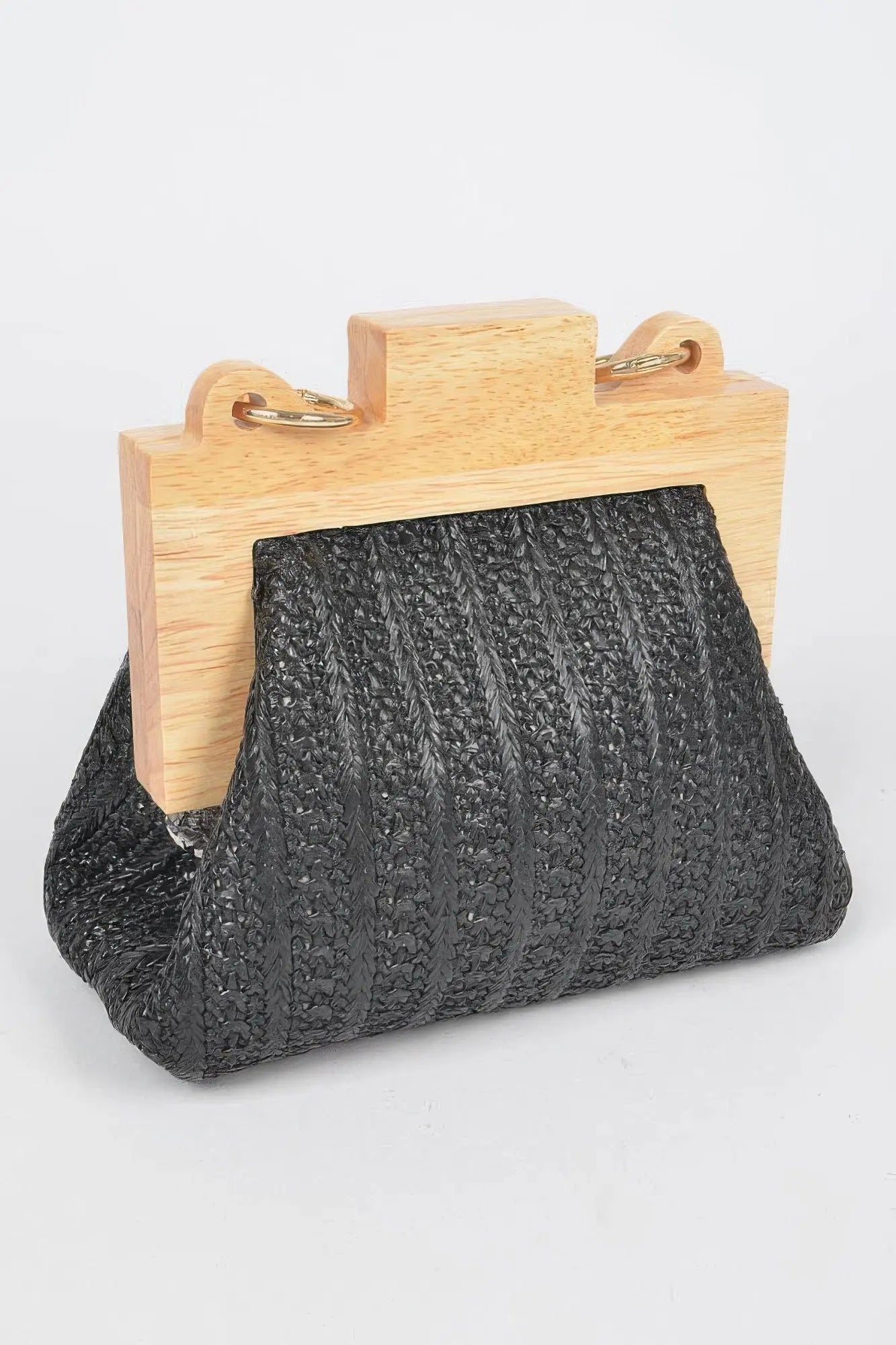 Faux Straw Wood Frame Clutch W/ Faux Pearl Chain - Couture Envy
