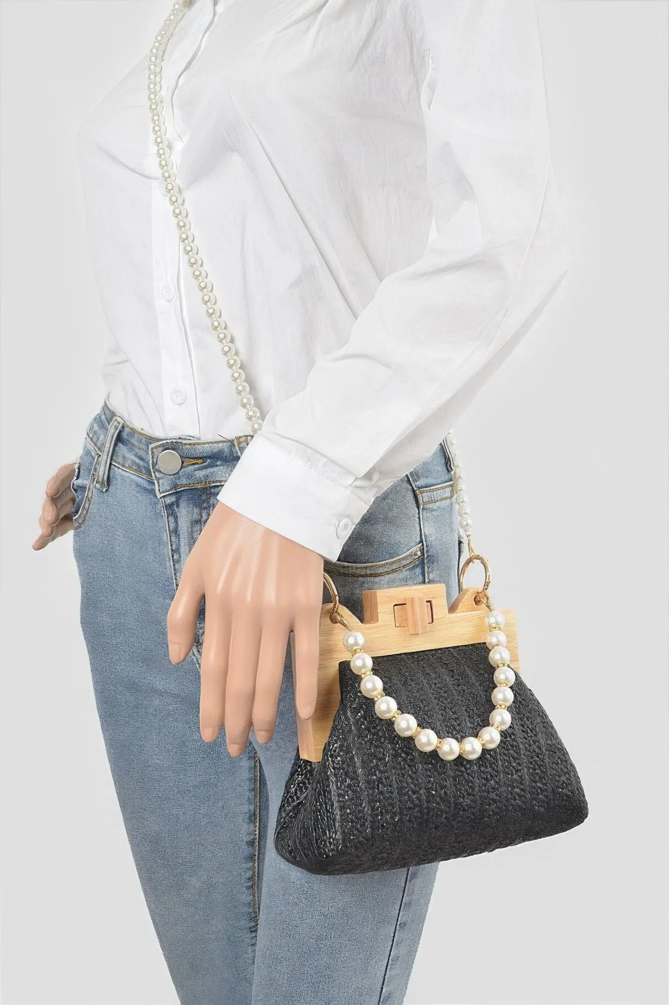 Faux Straw Wood Frame Clutch W/ Faux Pearl Chain - Couture Envy