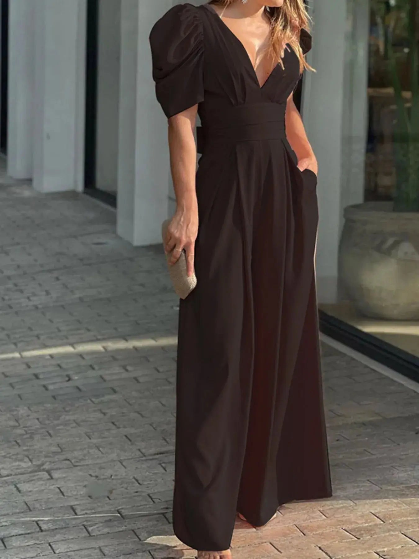 Full Size Cutout V - Neck Puff Sleeve Jumpsuit Plus Size - Couture Envy