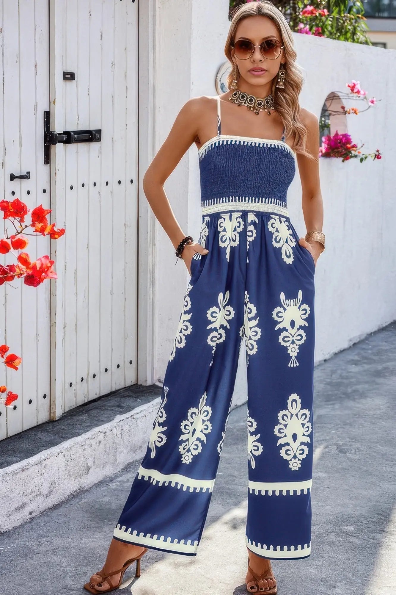 Geo Print Off Shoulder High Waist Fit Jumpsuit - Couture Envy