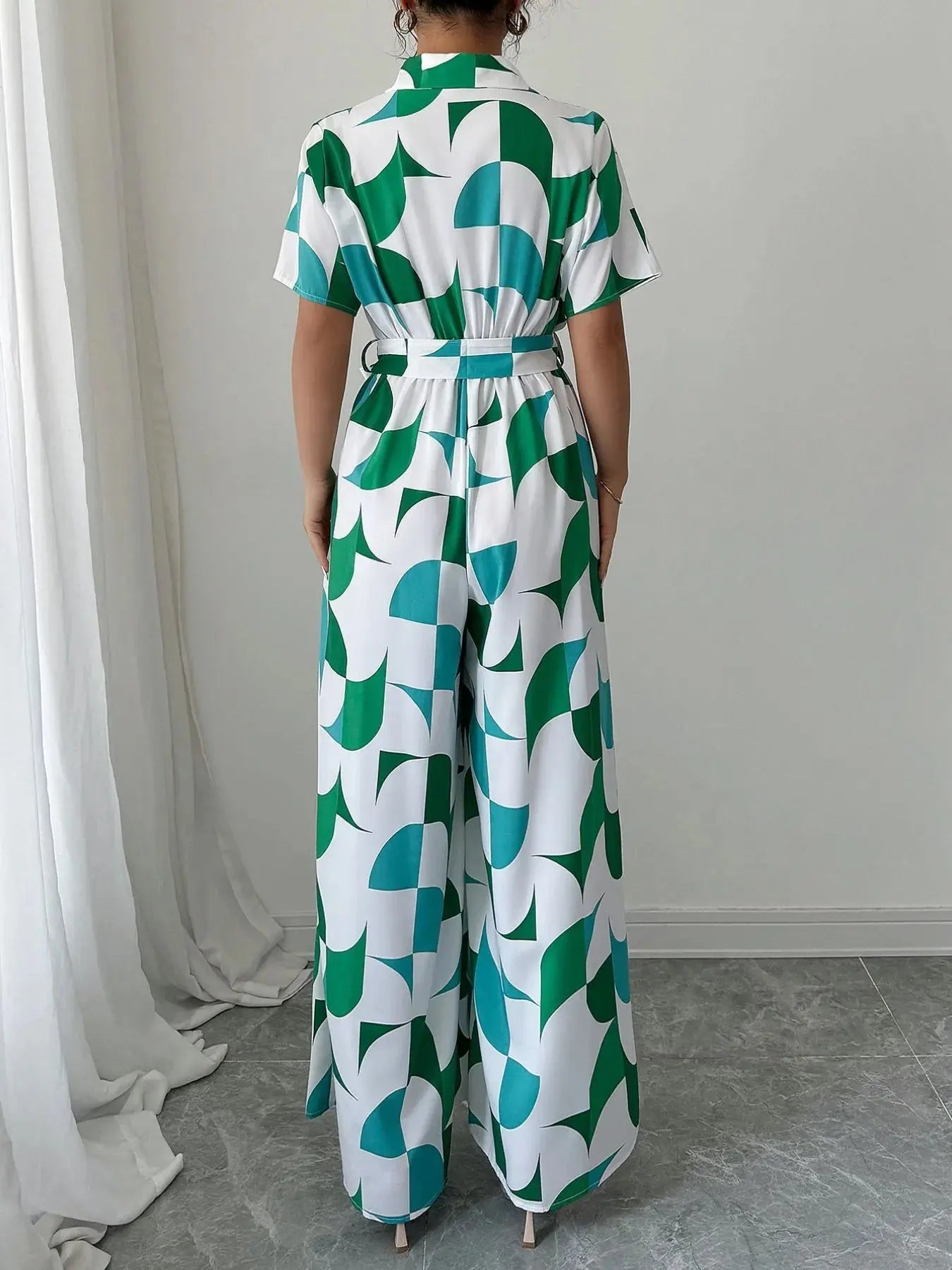 Geometric Print Belted Wide Leg Jumpsuit - Couture Envy