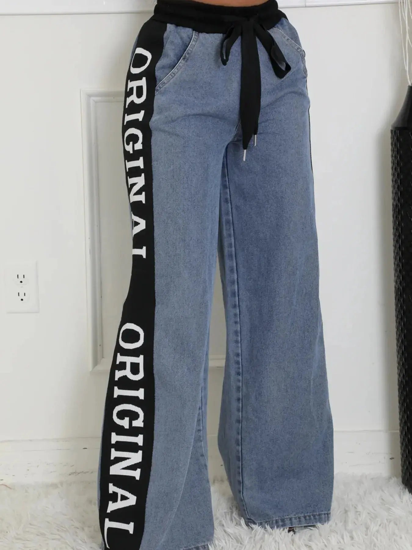 High Waist Wide Leg Denim Jeans with Side Letter Print - Couture Envy