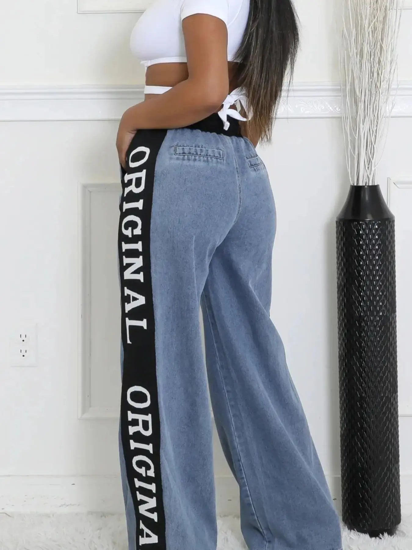 High Waist Wide Leg Denim Jeans with Side Letter Print - Couture Envy