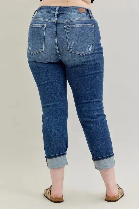 Judy Blue Full Size Mid Rise Cuffed Destroy Bf Jeans Plus Size - Couture Envy