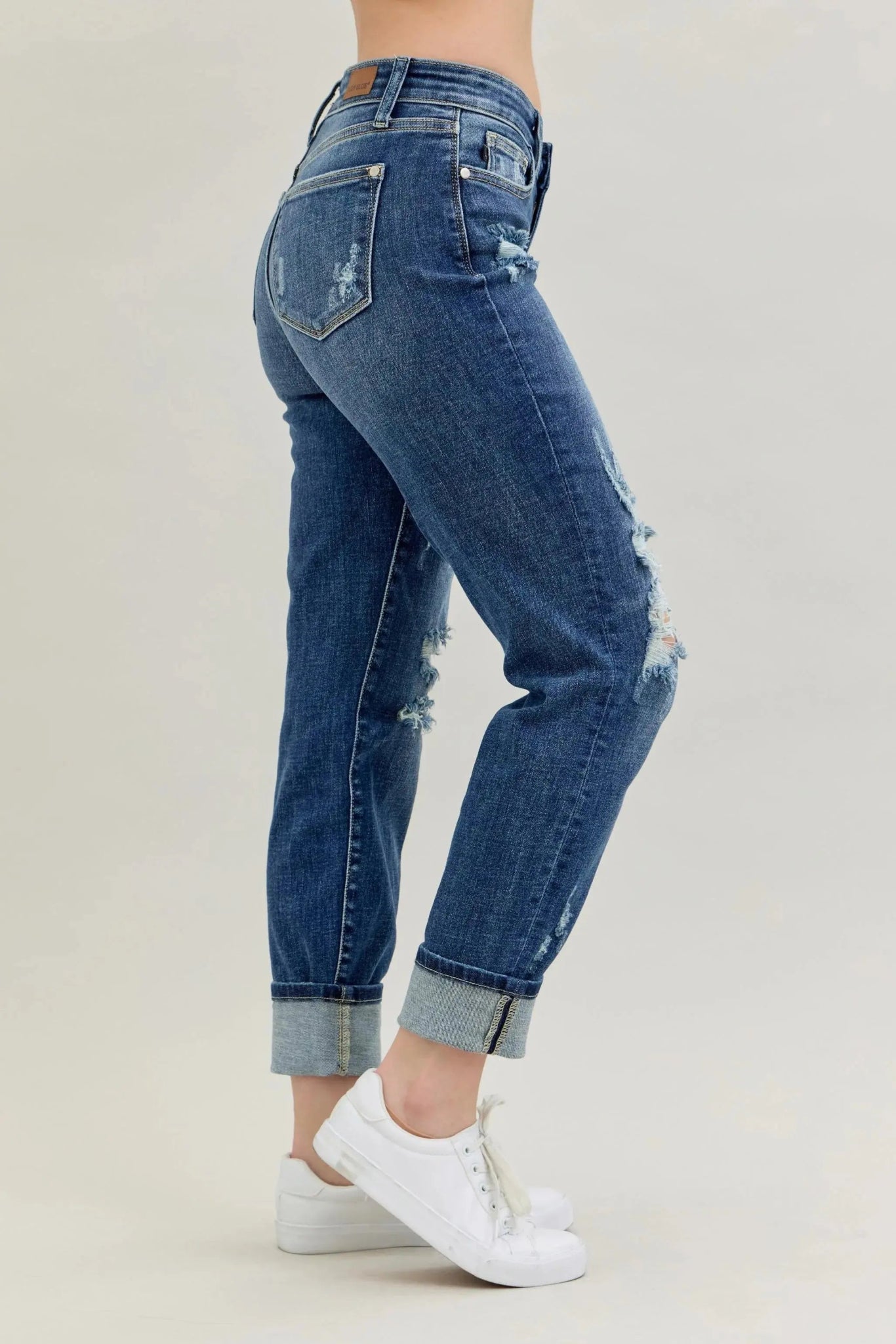 Judy Blue Full Size Mid Rise Cuffed Destroy Bf Jeans Plus Size - Couture Envy