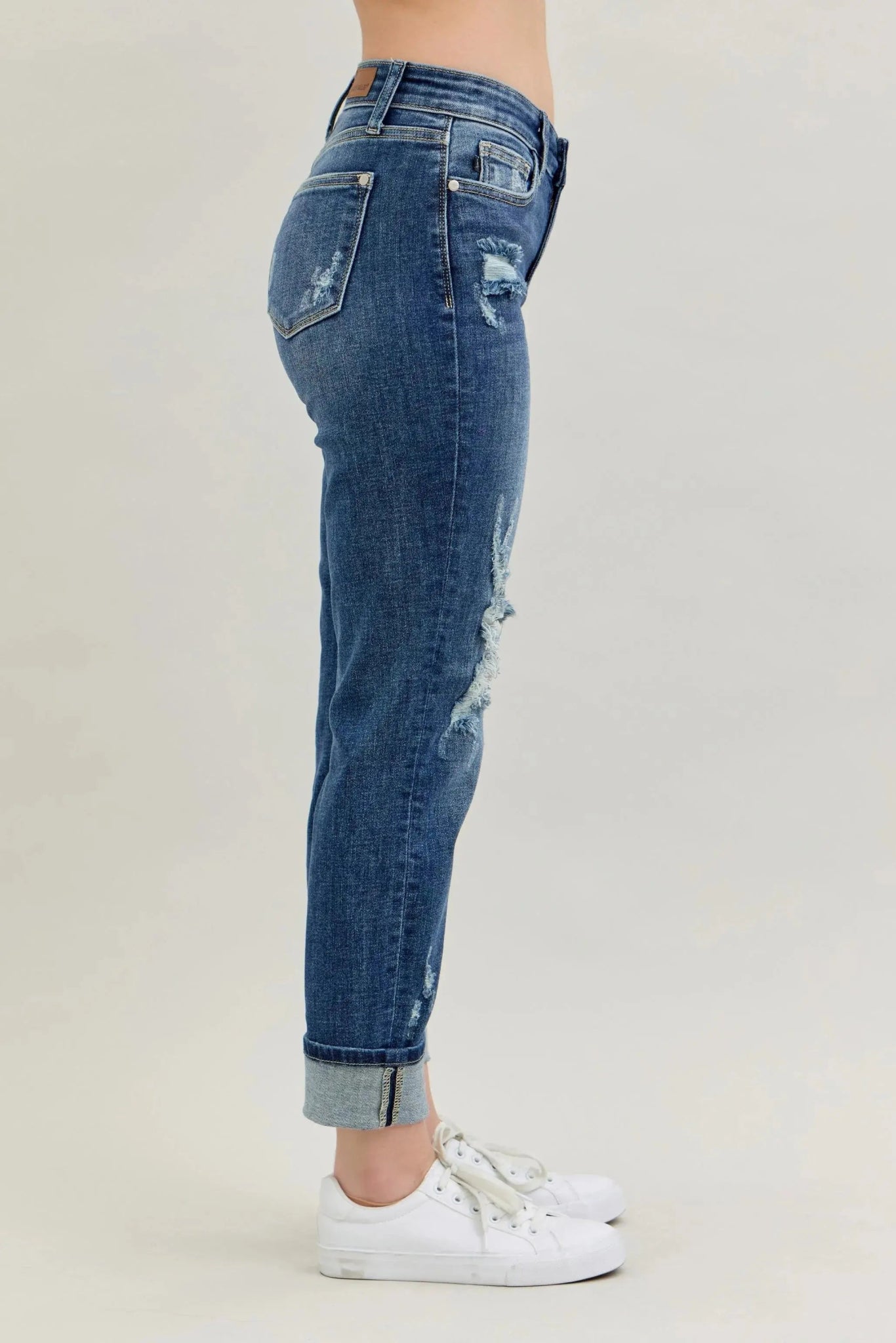 Judy Blue Full Size Mid Rise Cuffed Destroy Bf Jeans Plus Size - Couture Envy