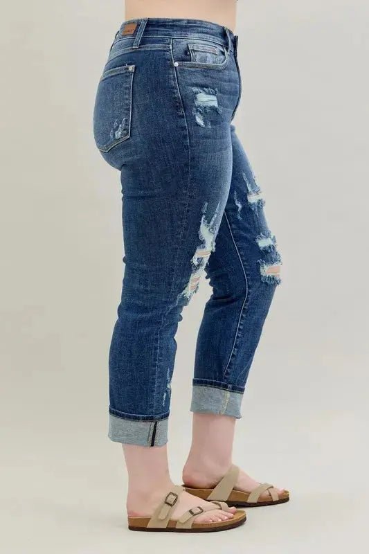 Judy Blue Full Size Mid Rise Cuffed Destroy Bf Jeans Plus Size - Couture Envy