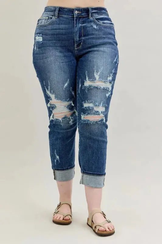 Judy Blue Full Size Mid Rise Cuffed Destroy Bf Jeans Plus Size - Couture Envy