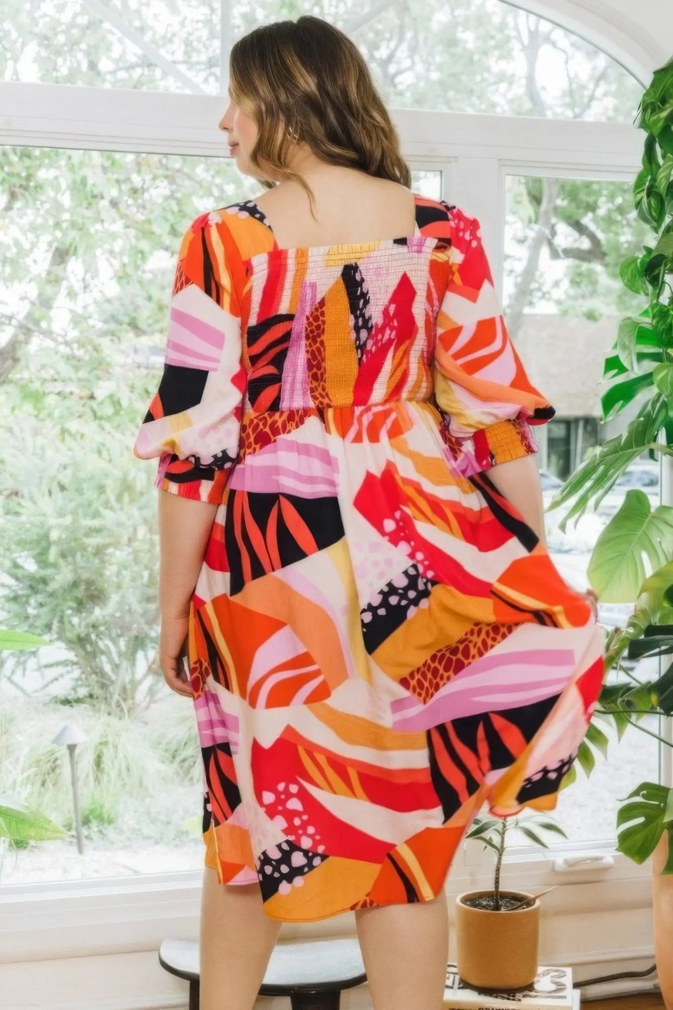 Plus Floral Print Square Neckline Midi Dress - Couture Envy