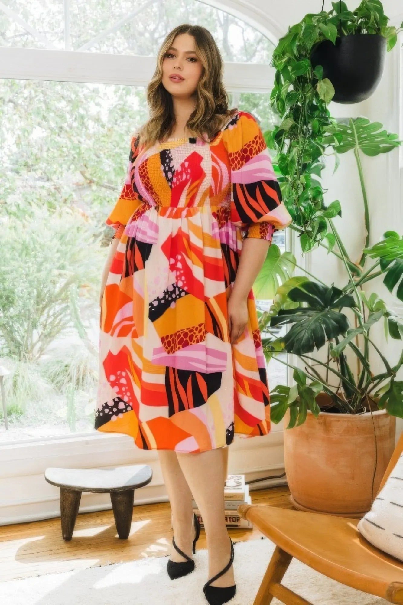Plus Floral Print Square Neckline Midi Dress - Couture Envy