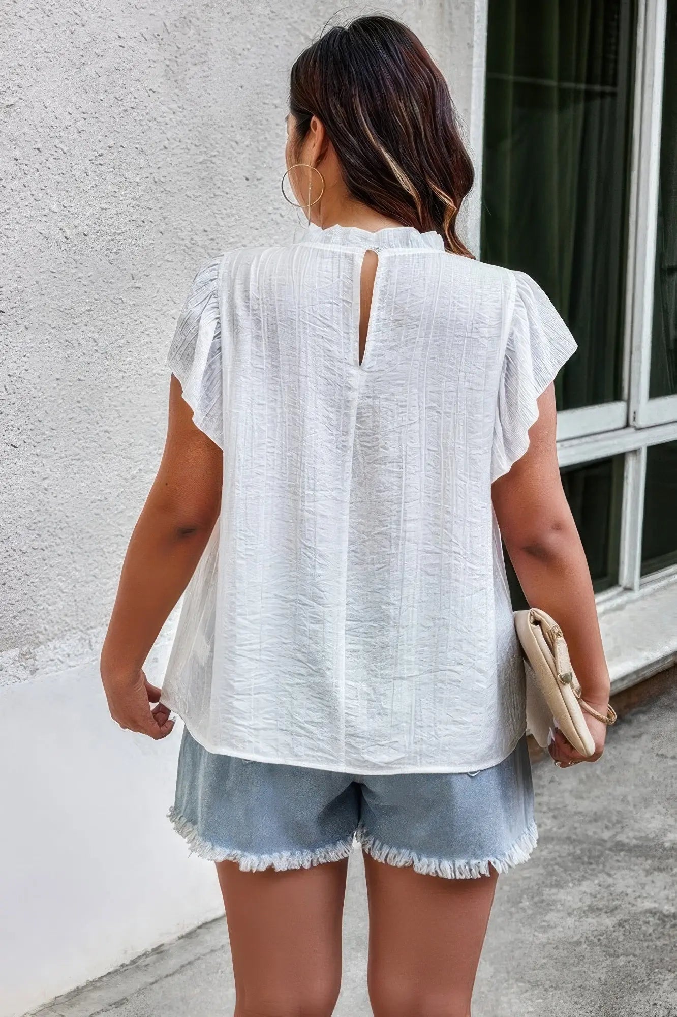 Plus Hollow Out Frill Collar Cap Sleeves Shirt - Couture Envy