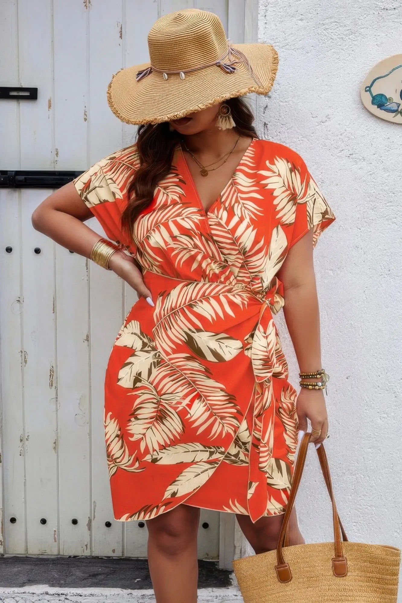 Plus Plant Print V Neck Wrap Tie Waist Dress - Couture Envy
