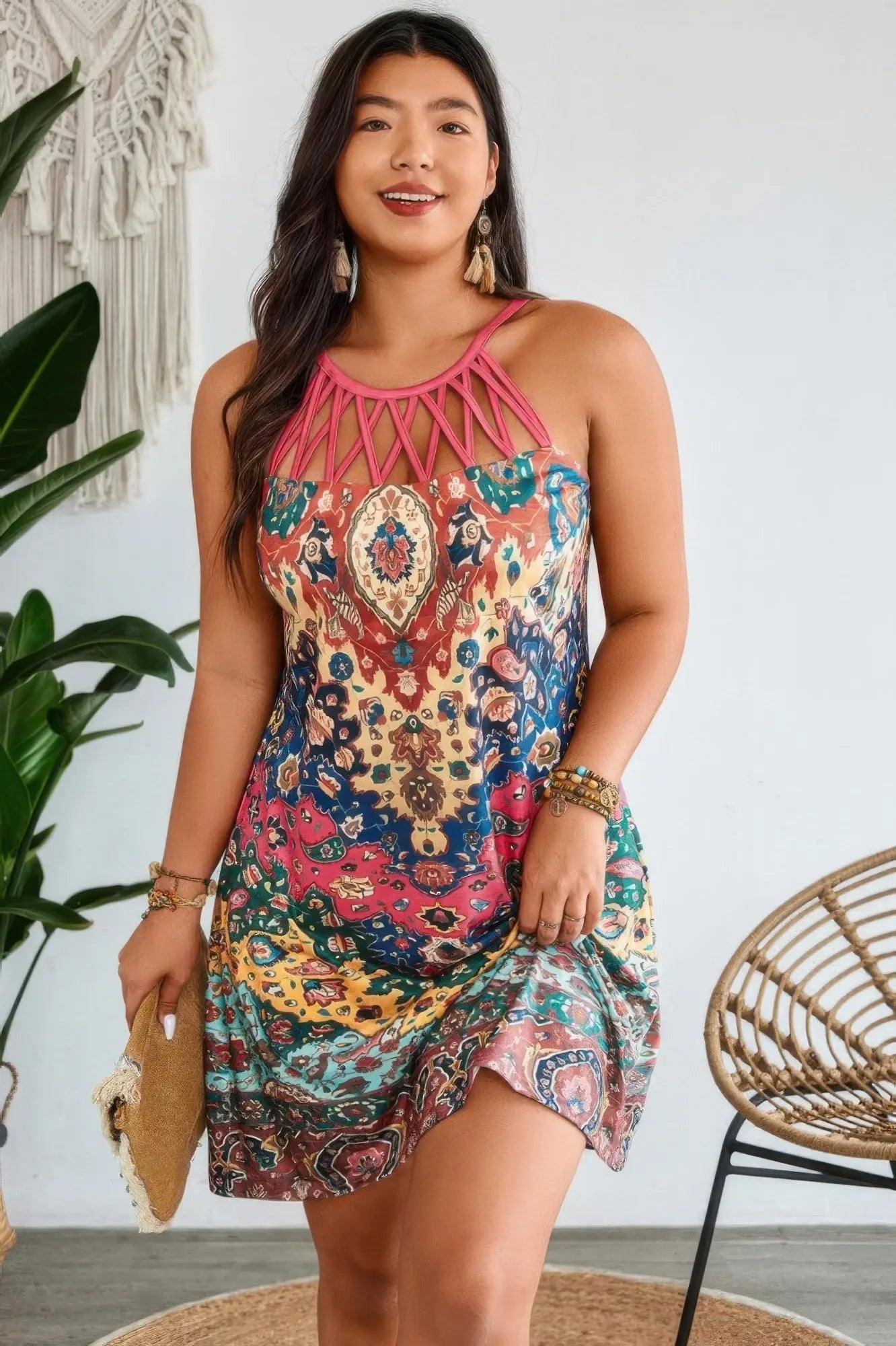 Plus Size Boho Halterneck Sleeveless Dress - Couture Envy