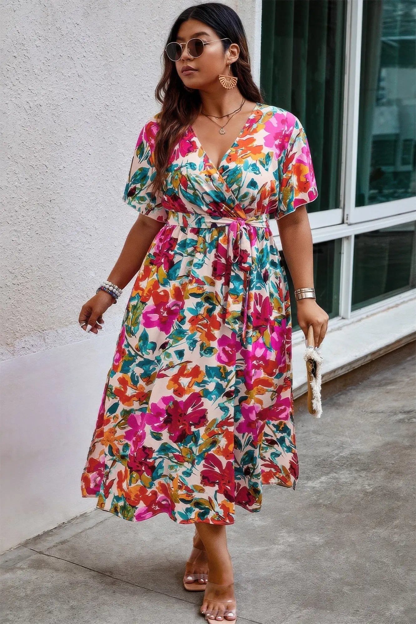 Plus Size Floral Print Cross Belt Fit Dress - Couture Envy