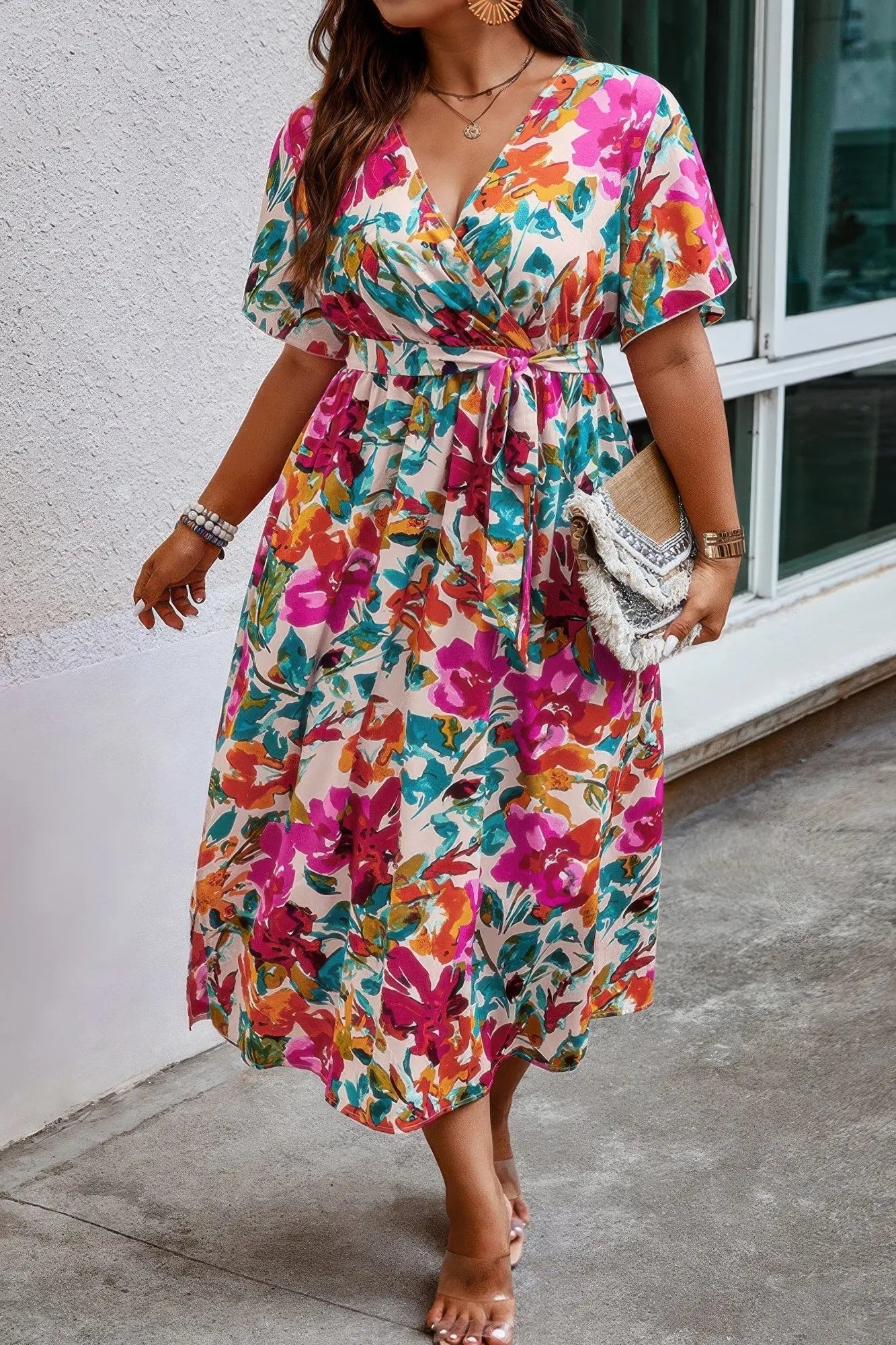 Plus Size Floral Print Cross Belt Fit Dress - Couture Envy