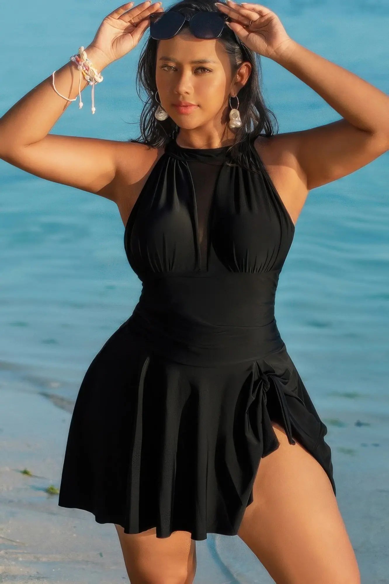 Plus Size Halter Ruched Sleeveless Swim Dress - Couture Envy