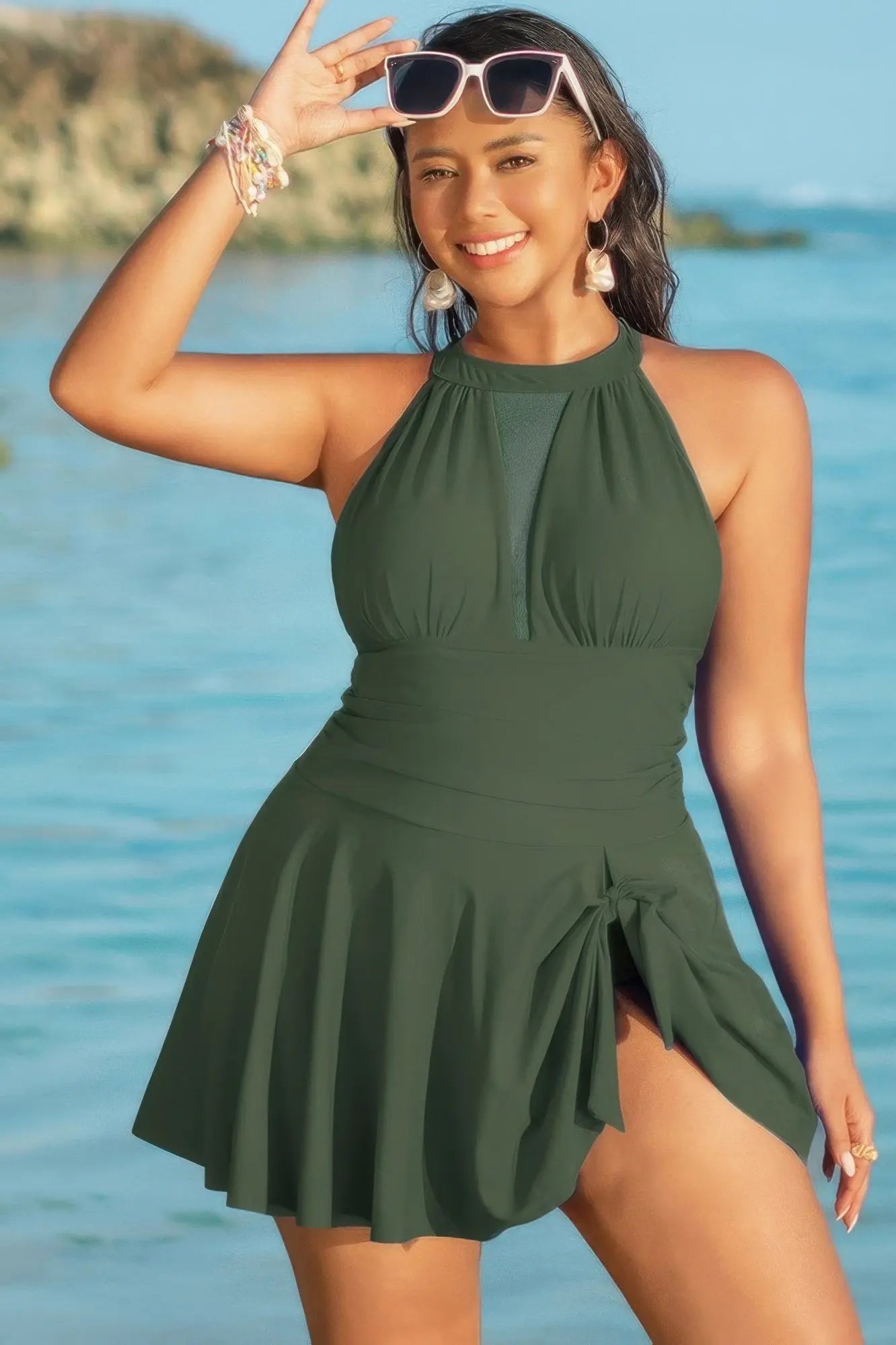 Plus Size Halter Ruched Sleeveless Swim Dress - Couture Envy
