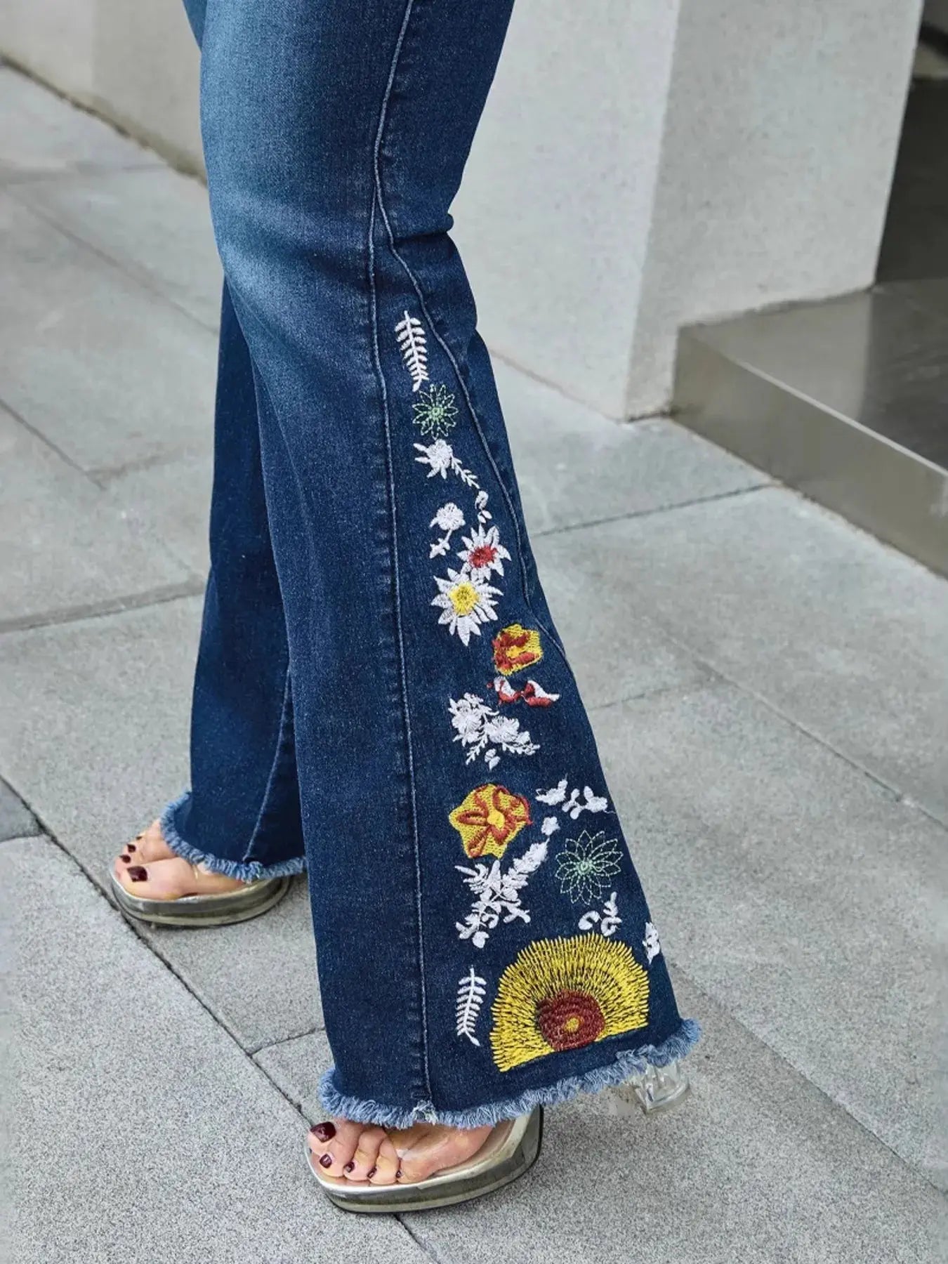 Raw Hem Embroidered High Waist Jeans - Couture Envy