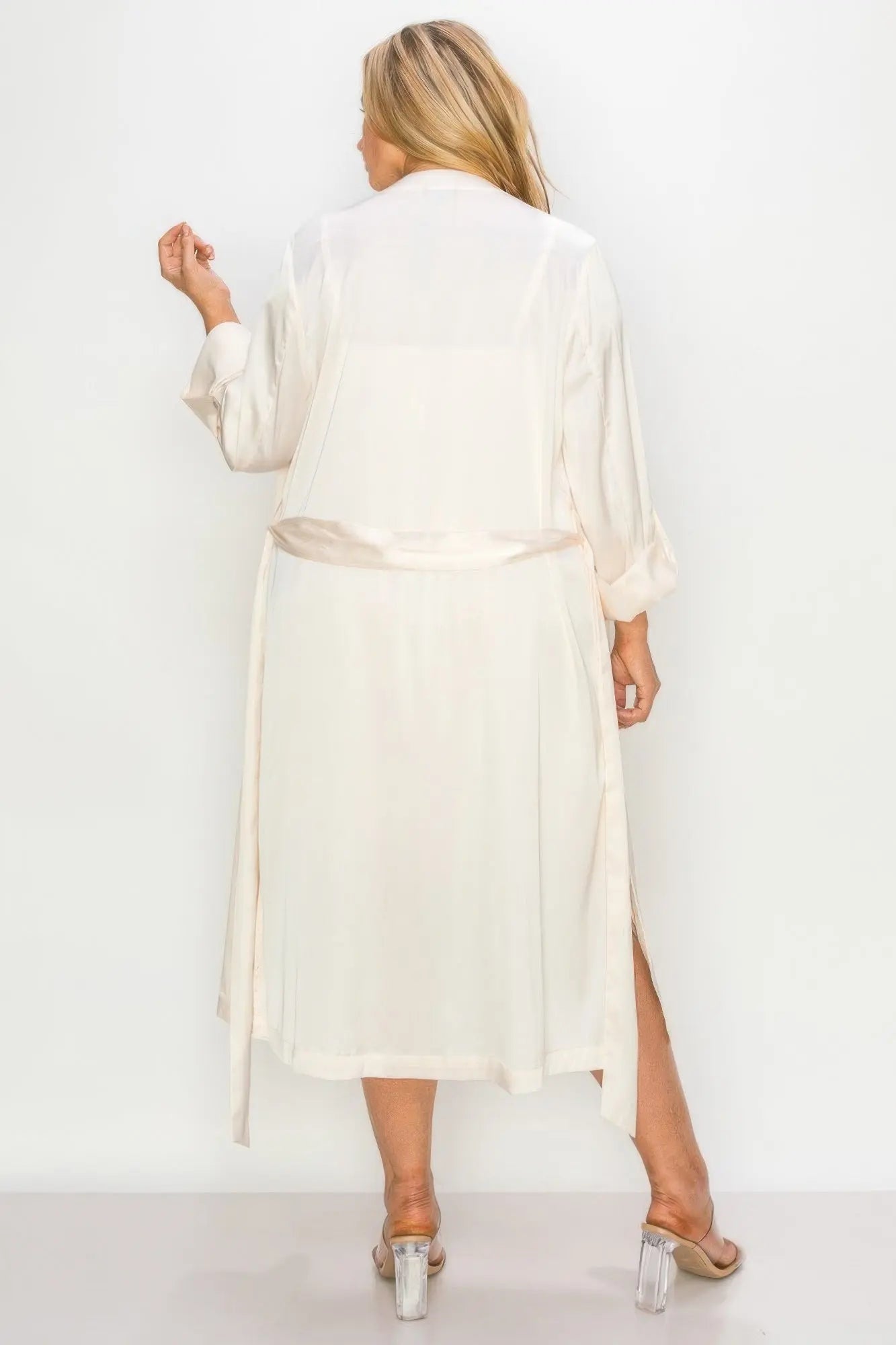 Satin Strap Dress With Self Belt Coat Set - Couture Envy