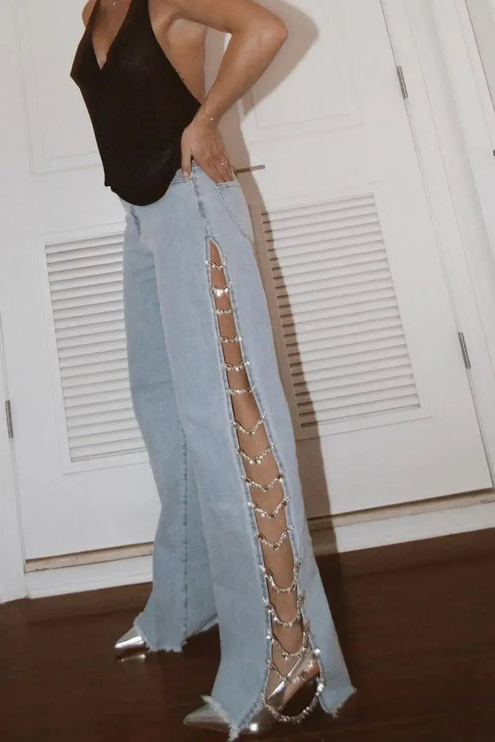 Side Chain Wide Leg Jeans - Couture Envy