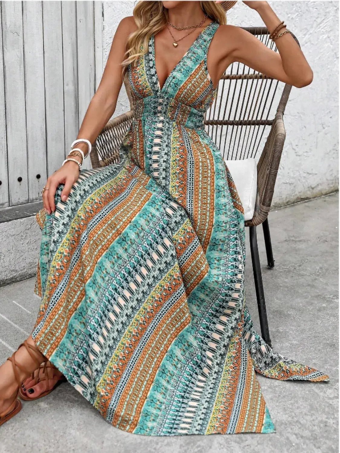 Tied Back Printed Sleeveless Maxi Slit Dress - Couture Envy