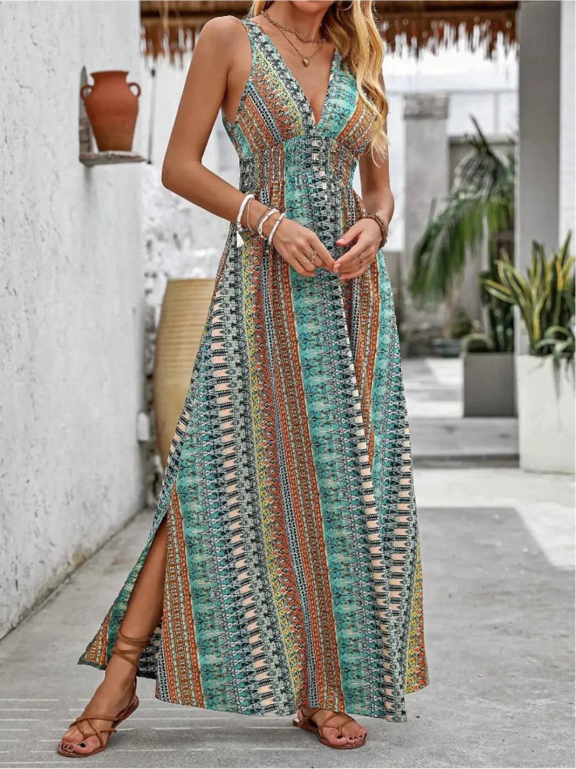 Tied Back Printed Sleeveless Maxi Slit Dress - Couture Envy