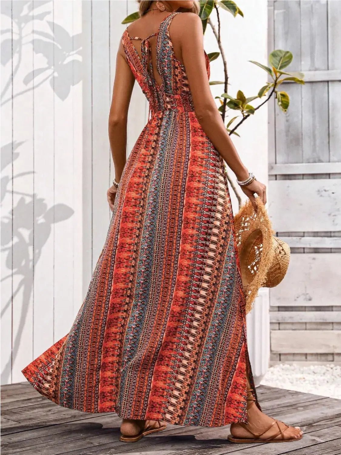 Tied Back Printed Sleeveless Maxi Slit Dress - Couture Envy