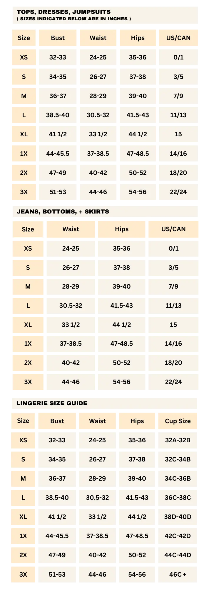 Size chart for tops, dresses, jumpsuits, jeans, buttons, and skirts with weight and height ranges.