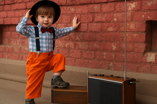 Young child in bright orange pants and plaid shirt posing playfully — representing age-inclusive style by Couture Envy®.