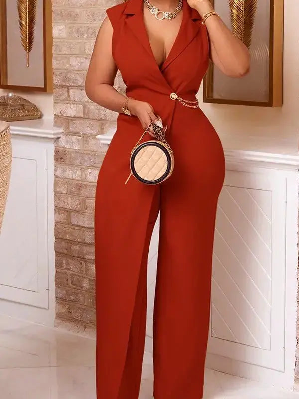 Red tailored wide leg jumpsuit with blazer-inspired neckline.