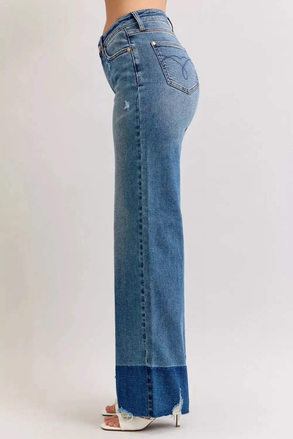Judy Blue Raw Hem High Waist Column Straight Jeans for Women - side view on model