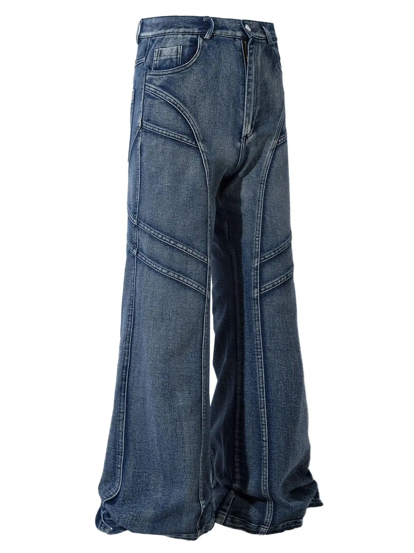 Men’s wide-leg jeans front view showing structured seam detailing.