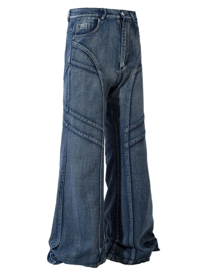 Men’s wide-leg jeans front view showing structured seam detailing.