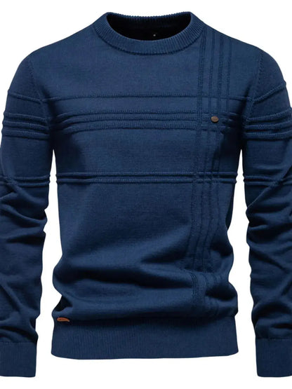 Men’s Round Neck Striped Sweater in Navy.