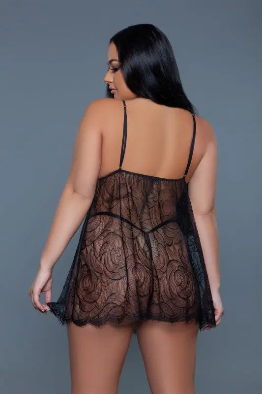 Sheer floral lace babydoll back view