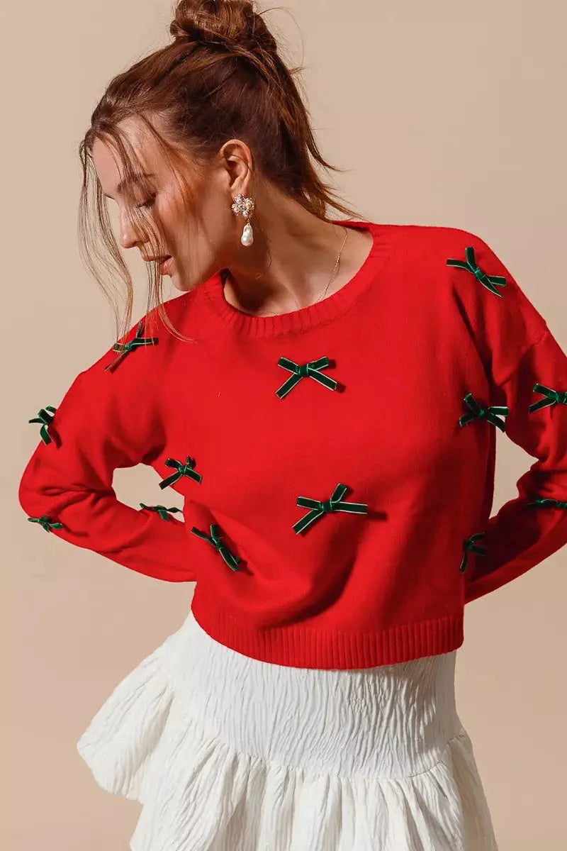SO ME Ribbon Bow Applique Sweater model wearing red knit top