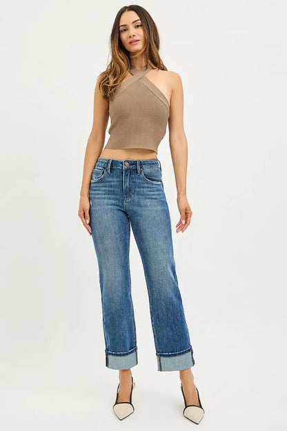 Full view of model in Cuffed hem denim jeans plus size