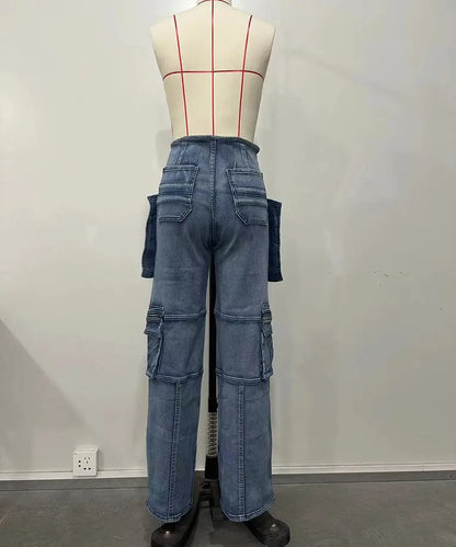 Model wearing Blue Patchwork Cargo Accordion Jeans front view holding purse.