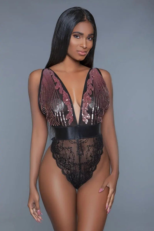 1 Pc. Cut - out Lace Bottoms With Raspberry - pink Sequins Plunging Sheer Neckline - Couture Envy
