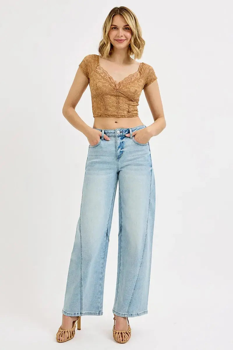 Full view of Front view of RISEN plus-size barrel jeans on female model