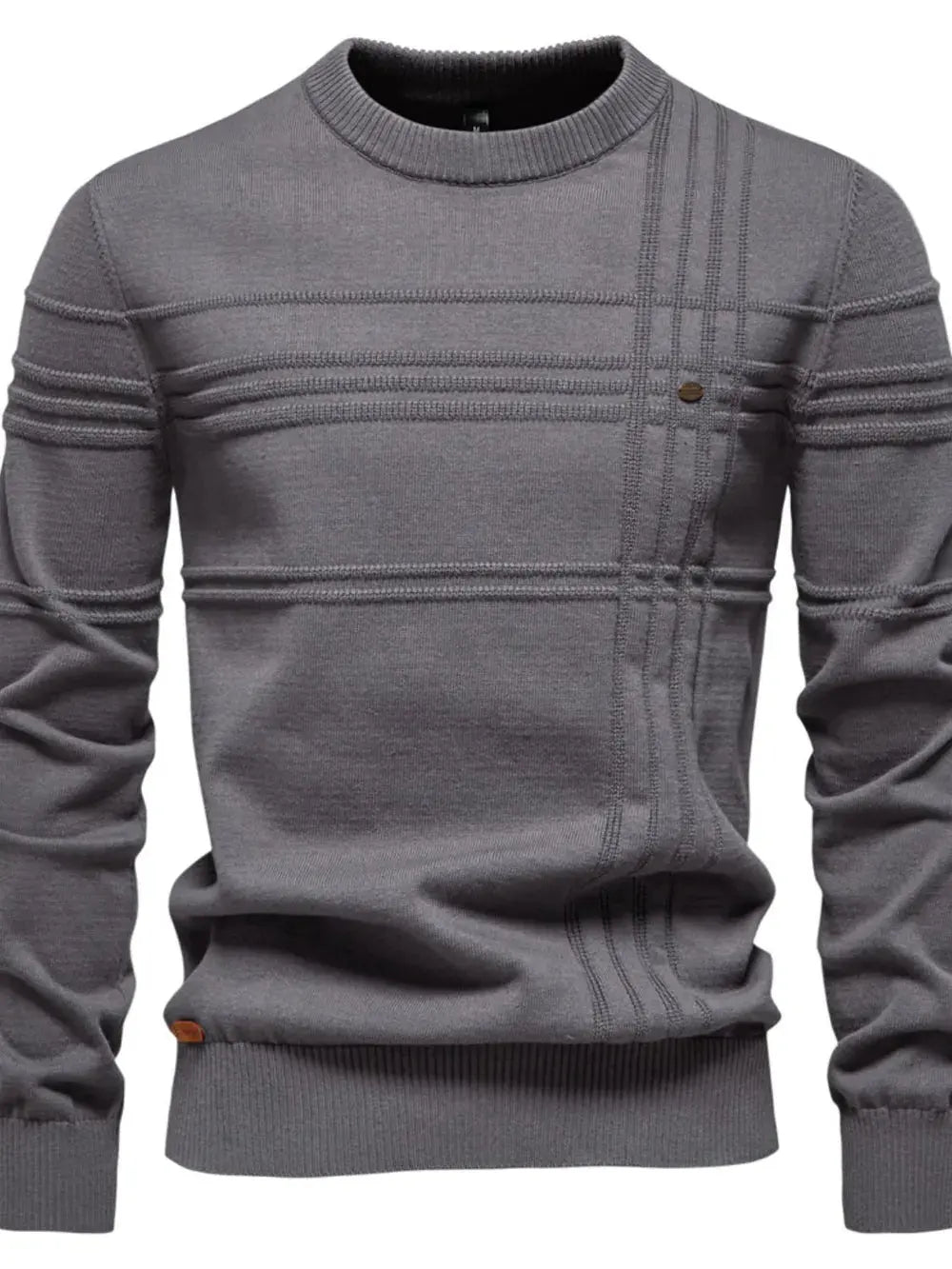 Men’s Round Neck Striped Sweater in Dark Gray.
