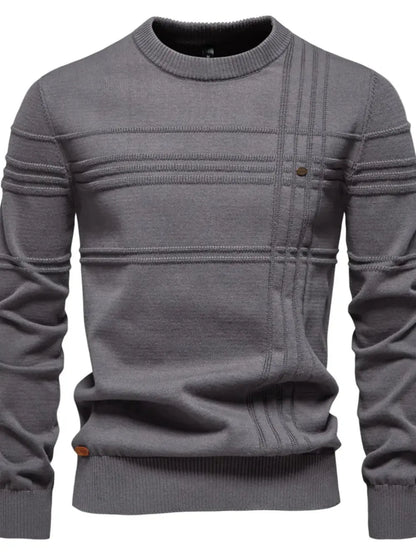 Men’s Round Neck Striped Sweater in Dark Gray.