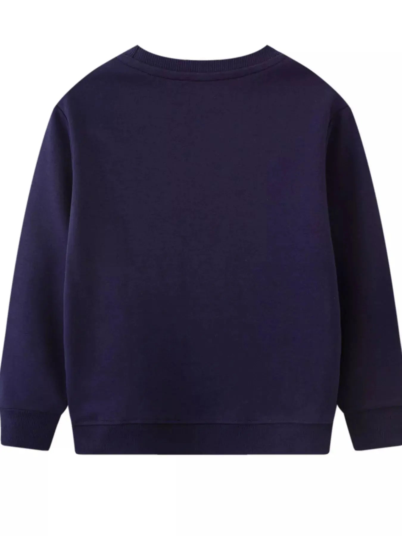 Flat lay of the back of navy blue round neck sweatshirt for kids.